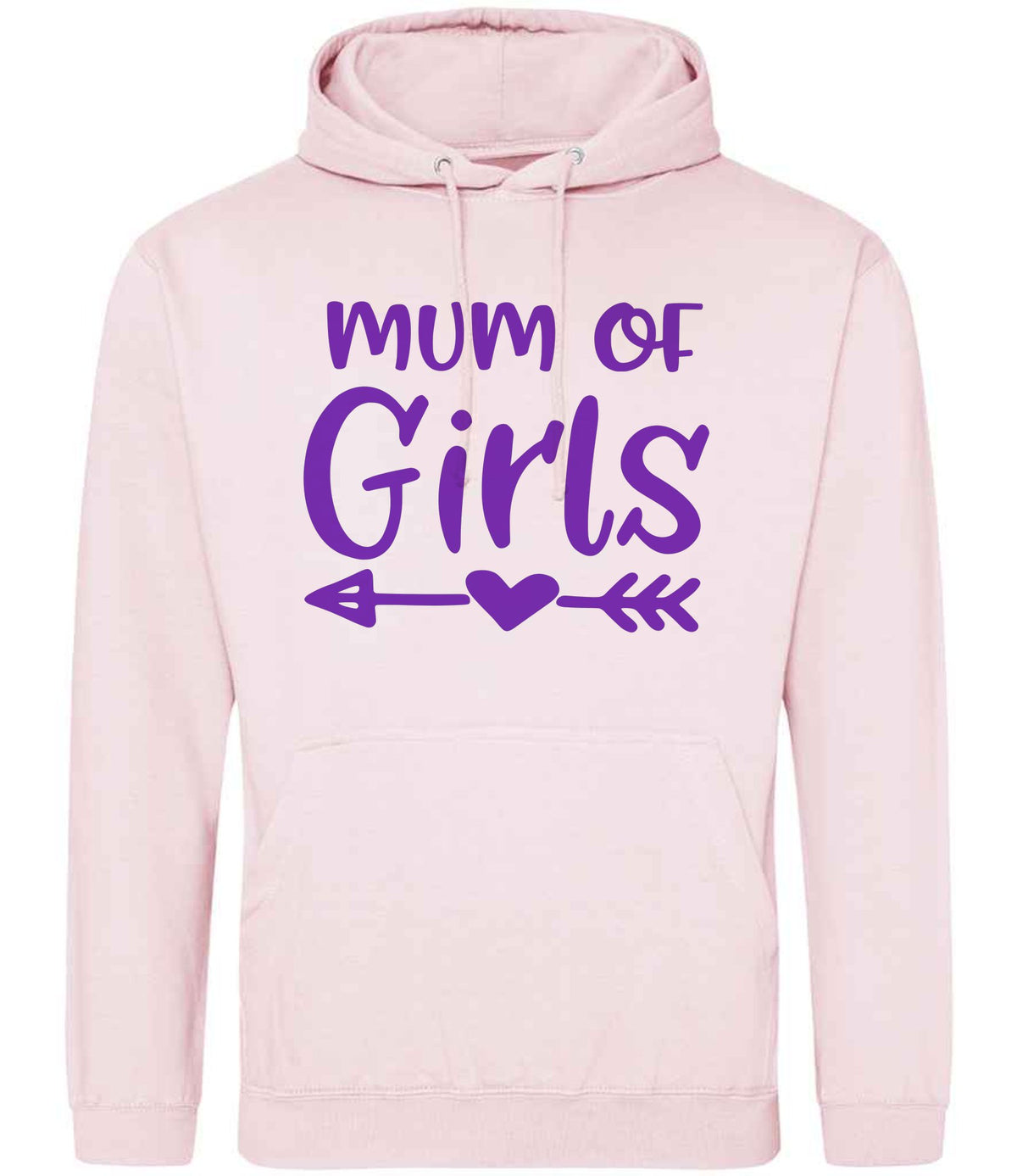 Mum of Girls – Unisex Hoodie in Baby Pink with Purple vinyl
