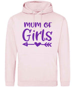 Mum of Girls – Unisex Hoodie in Baby Pink with Purple vinyl