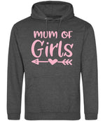 Mum of Girls – Unisex Hoodie in Charcoal with Baby Pink vinyl