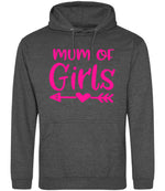 Mum of Girls – Unisex Hoodie in Charcoal with Hot Pink vinyl