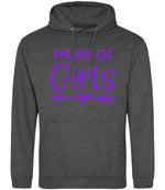 Mum of Girls – Unisex Hoodie in Charcoal with Purple vinyl