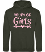 Mum of Girls – Unisex Hoodie in Combat Green with Baby Pink vinyl