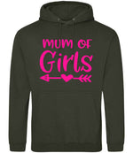Mum of Girls – Unisex Hoodie in Combat Green with Hot Pink vinyl