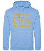 Mum of Girls – Unisex Hoodie in Cornflower Blue with Gold vinyl