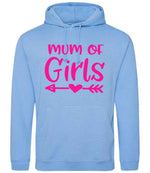 Mum of Girls – Unisex Hoodie in Cornflower Blue with Hot Pink vinyl