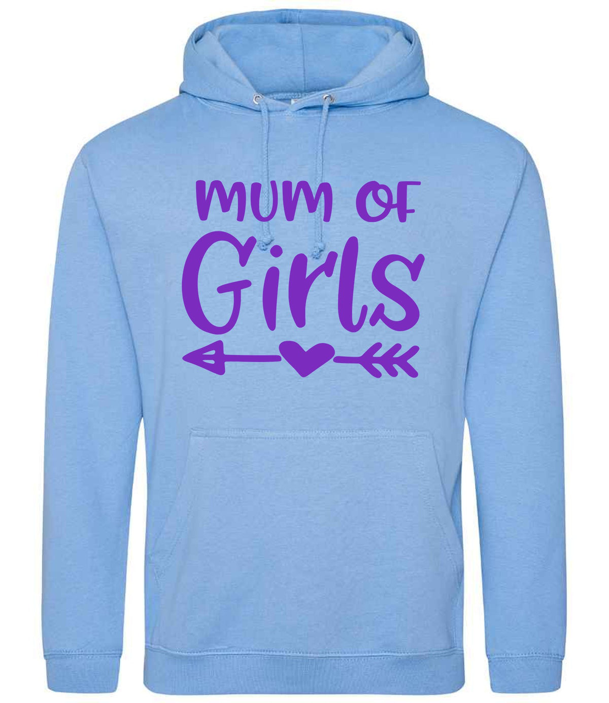 Mum of Girls – Unisex Hoodie in Cornflower Blue with Purple vinyl