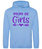 Mum of Girls – Unisex Hoodie in Cornflower Blue with Purple vinyl
