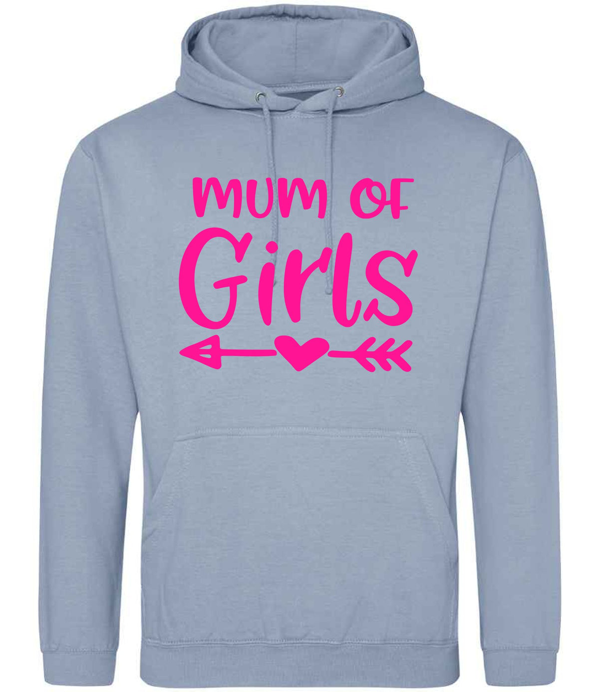 Mum of Girls – Unisex Hoodie in Dusty Blue with Hot Pink vinyl