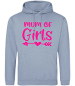 Mum of Girls – Unisex Hoodie in Dusty Blue with Hot Pink vinyl