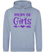 Mum of Girls – Unisex Hoodie in Dusty Blue with Purple vinyl