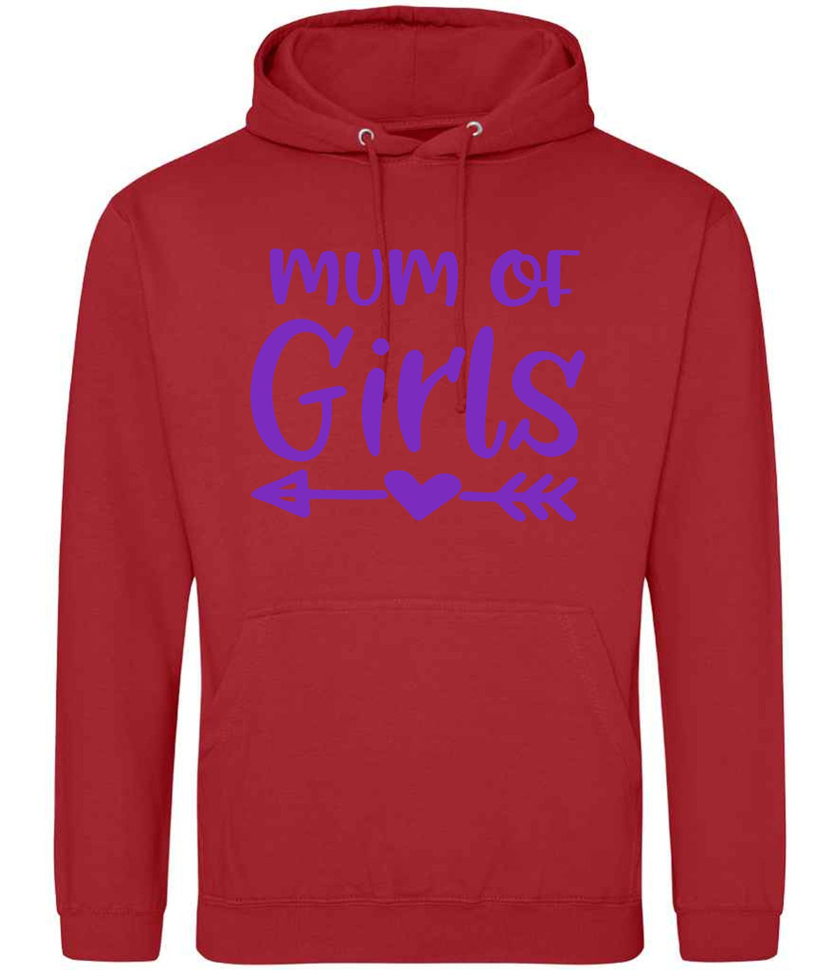 Mum of Girls – Unisex Hoodie in Fire Red with Purple vinyl