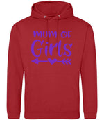 Mum of Girls – Unisex Hoodie in Fire Red with Purple vinyl
