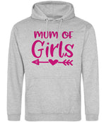 Mum of Girls – Unisex Hoodie in Heather Grey with Hot Pink vinyl