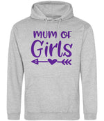 Mum of Girls – Unisex Hoodie in Heather Grey with Purple vinyl