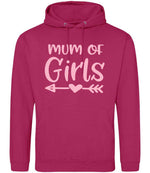 Mum of Girls – Unisex Hoodie in Hot Pink with Baby Pink vinyl