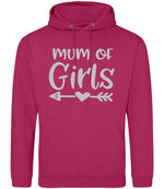 Mum of Girls – Unisex Hoodie in Hot Pink with Silver vinyl