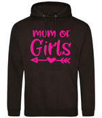 Mum of Girls – Unisex Hoodie in Jet Black with Hot Pink vinyl
