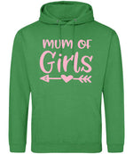 Mum of Girls – Unisex Hoodie in Kelly Green with Baby Pink vinyl