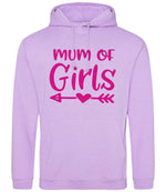 Mum of Girls – Unisex Hoodie in Lavender with Hot Pink vinyl