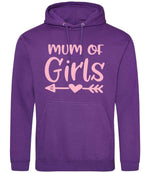 Mum of Girls – Unisex Hoodie in Purple with Baby Pink vinyl