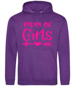Mum of Girls – Unisex Hoodie in Purple with Hot Pink vinyl