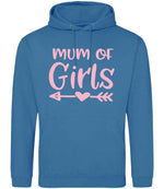 Mum of Girls – Unisex Hoodie in Sapphire Blue with Baby Pink vinyl