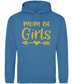 Mum of Girls – Unisex Hoodie in Sapphire Blue with Gold vinyl