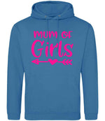 Mum of Girls – Unisex Hoodie in Sapphire Blue with Hot Pink vinyl