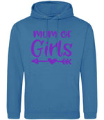 Mum of Girls – Unisex Hoodie in Sapphire Blue with Purple vinyl