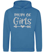 Mum of Girls – Unisex Hoodie in Sapphire Blue with Silver vinyl
