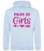 Mum of Girls – Unisex Hoodie in Sky Blue with Hot Pink vinyl