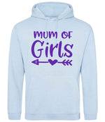 Mum of Girls – Unisex Hoodie in Sky Blue with Purple vinyl