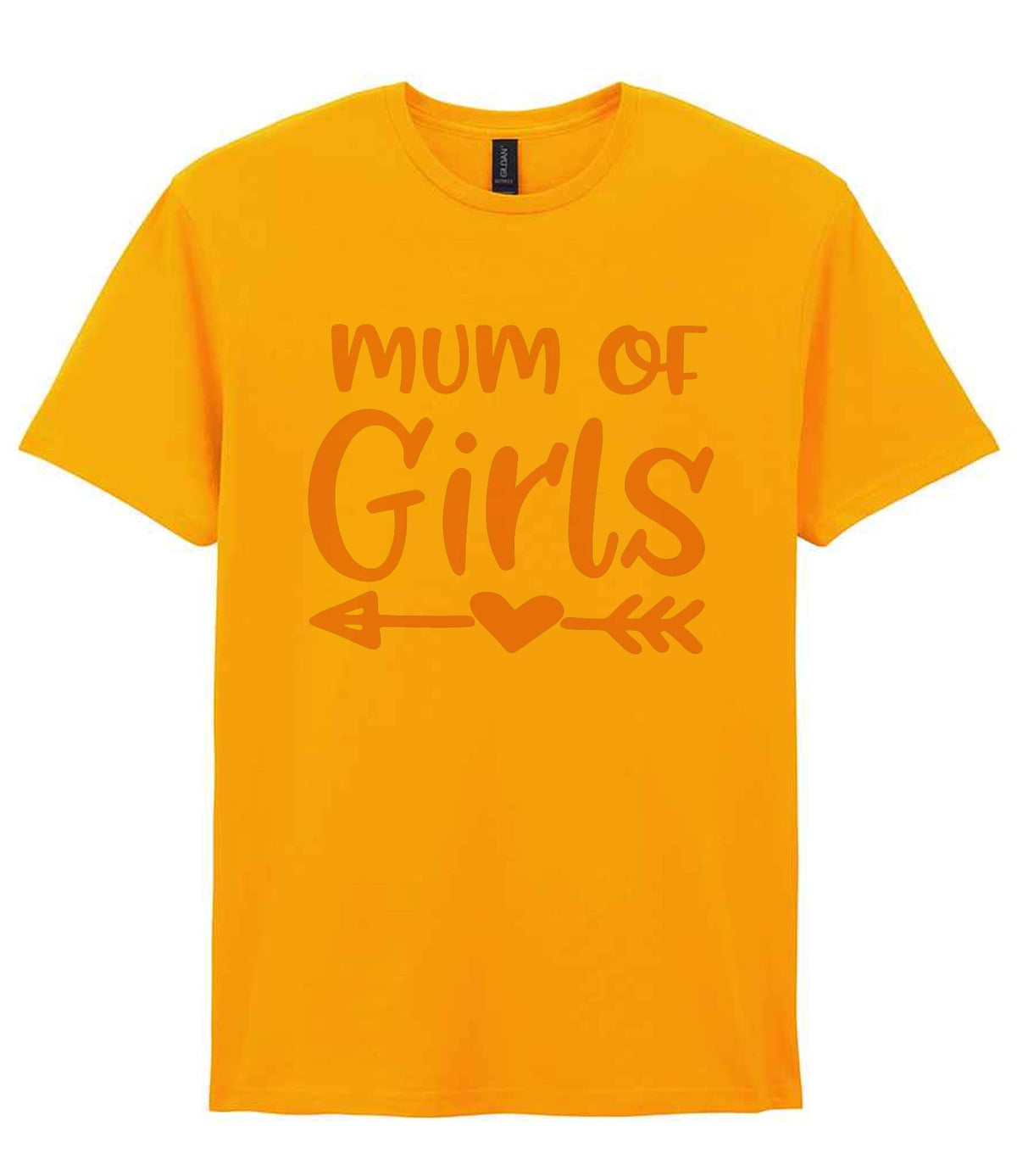 Mum of Girls – Unisex T-Shirt in Gold with Baby Pink vinyl