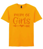 Mum of Girls – Unisex T-Shirt in Gold with Baby Pink vinyl