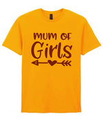 Mum of Girls – Unisex T-Shirt in Gold with Purple vinyl