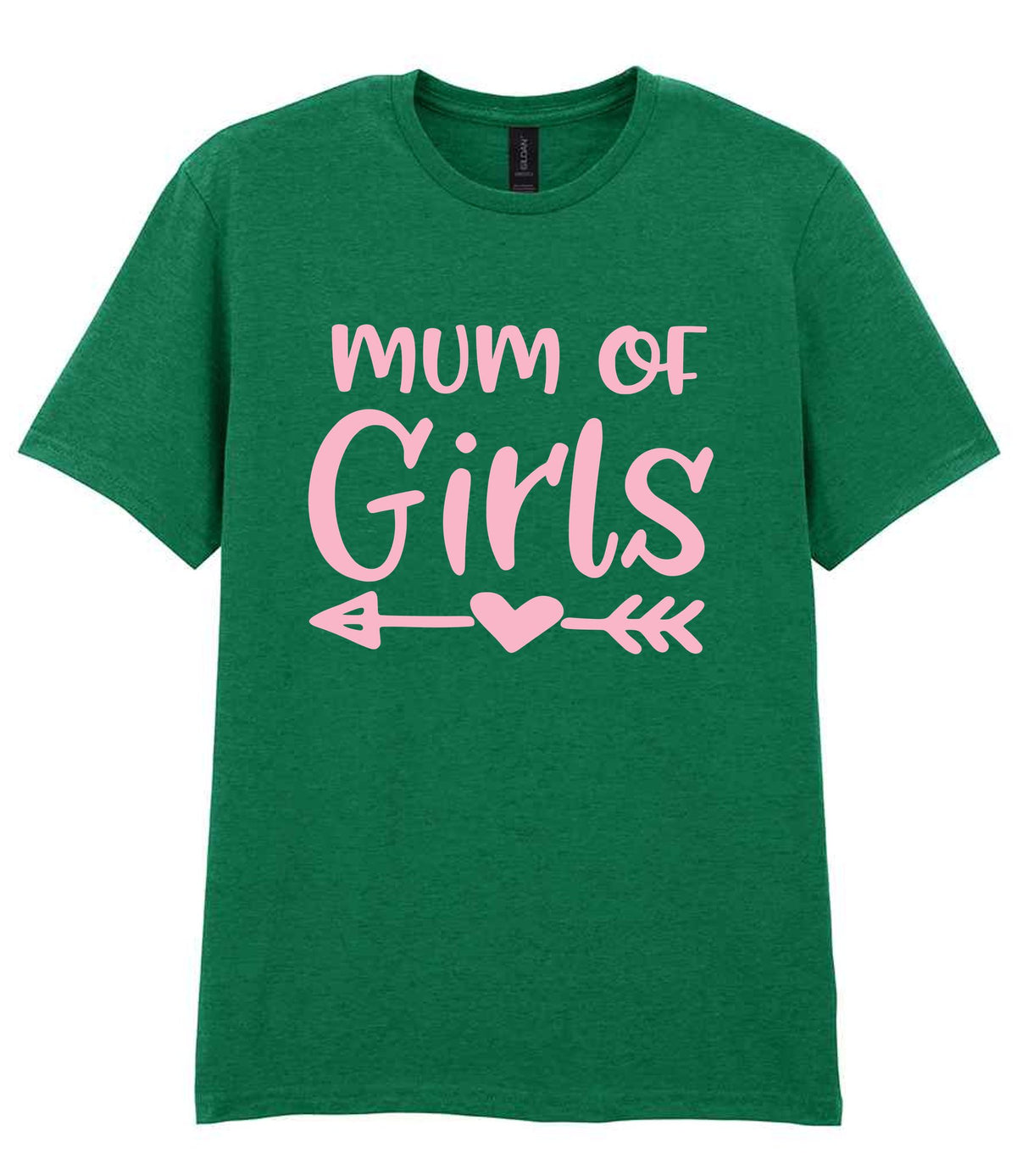 Mum of Girls – Unisex T-Shirt in Kelly Green with Baby Pink vinyl
