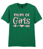 Mum of Girls – Unisex T-Shirt in Kelly Green with Baby Pink vinyl