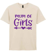 Mum of Girls – Unisex T-Shirt in Natural with Purple vinyl