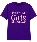 Mum of Girls – Unisex T-Shirt in Purple with Baby Pink vinyl