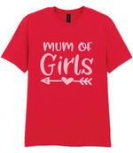 Mum of Girls – Unisex T-Shirt in Red with Baby Pink vinyl