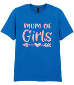 Mum of Girls – Unisex T-Shirt in Royal Blue with Baby Pink vinyl