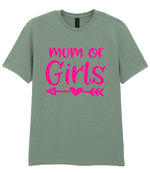 Mum of Girls – Unisex T-Shirt in Sage with Hot Pink vinyl