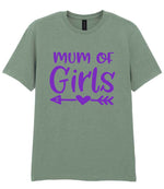 Mum of Girls – Unisex T-Shirt in Sage with Purple vinyl
