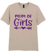 Mum of Girls – Unisex T-Shirt in Sand with Purple vinyl