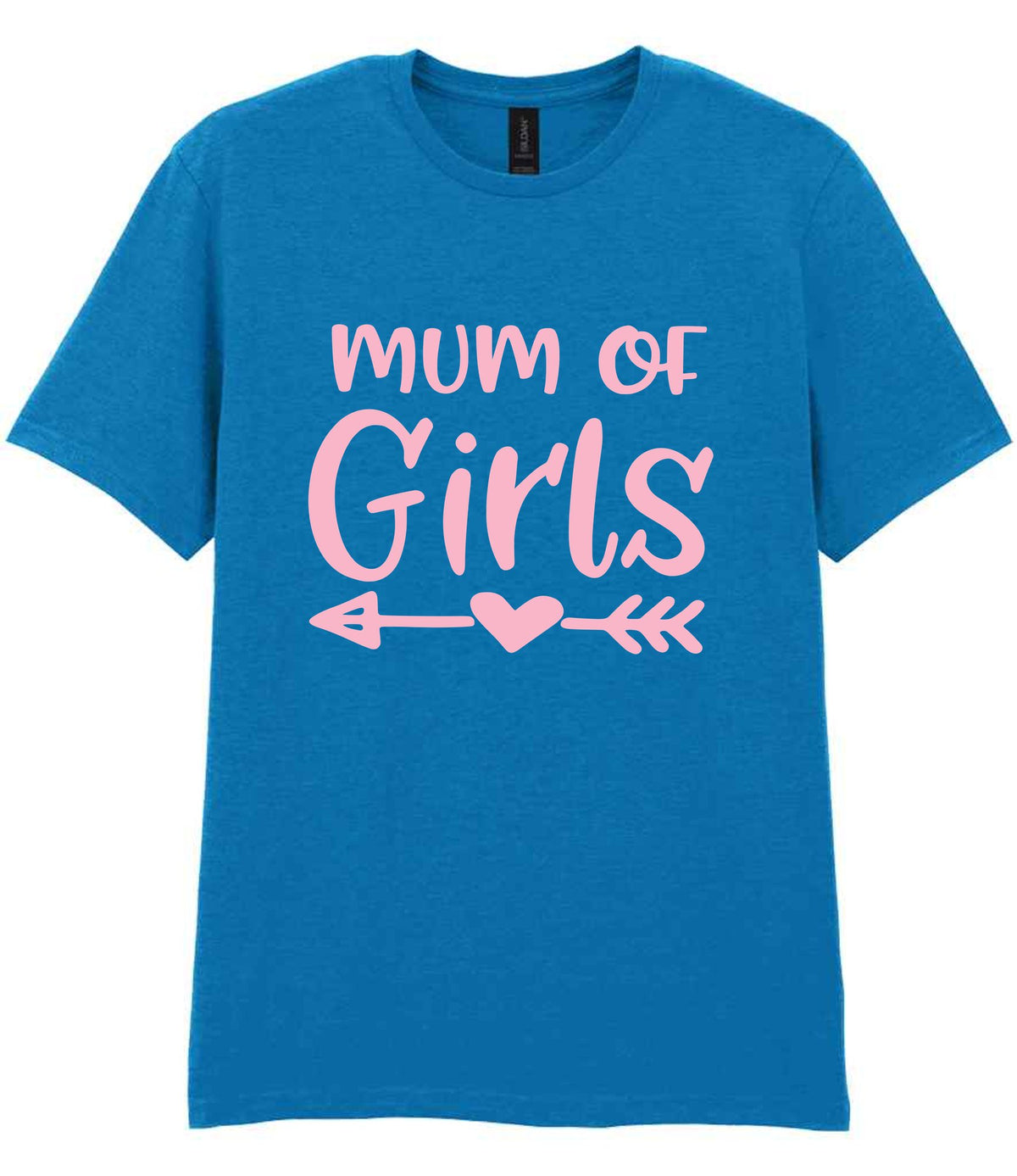 Mum of Girls – Unisex T-Shirt in Sapphire Blue with Baby Pink vinyl