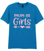 Mum of Girls – Unisex T-Shirt in Sapphire Blue with Baby Pink vinyl