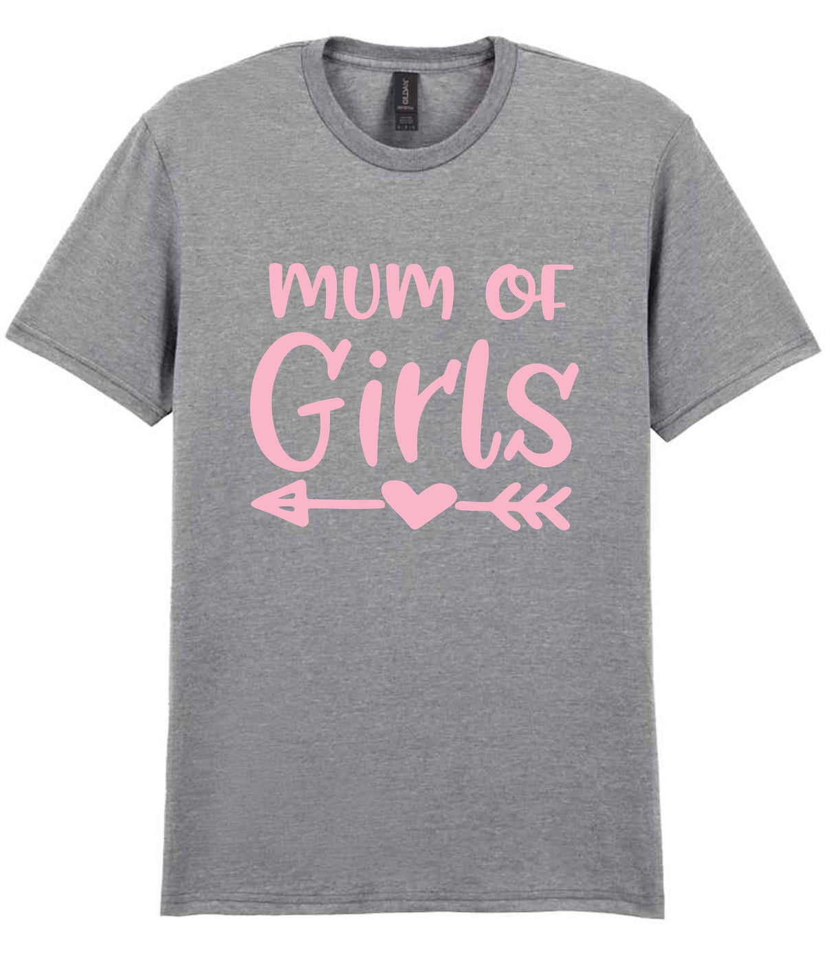 Mum of Girls – Unisex T-Shirt in Sport Grey with Baby Pink vinyl