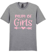 Mum of Girls – Unisex T-Shirt in Sport Grey with Baby Pink vinyl