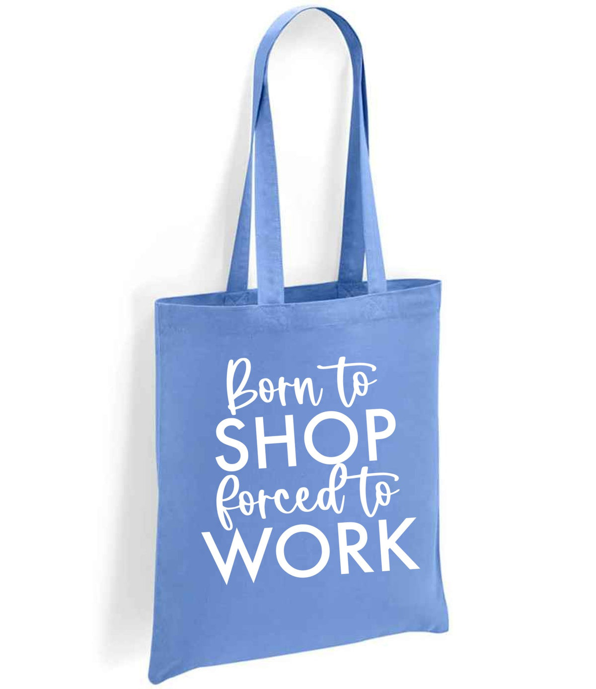 Borntoshopforcedtowork tote bag in denim blue