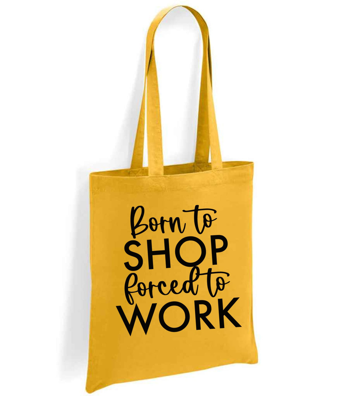 Borntoshopforcedtowork tote bag in mustard